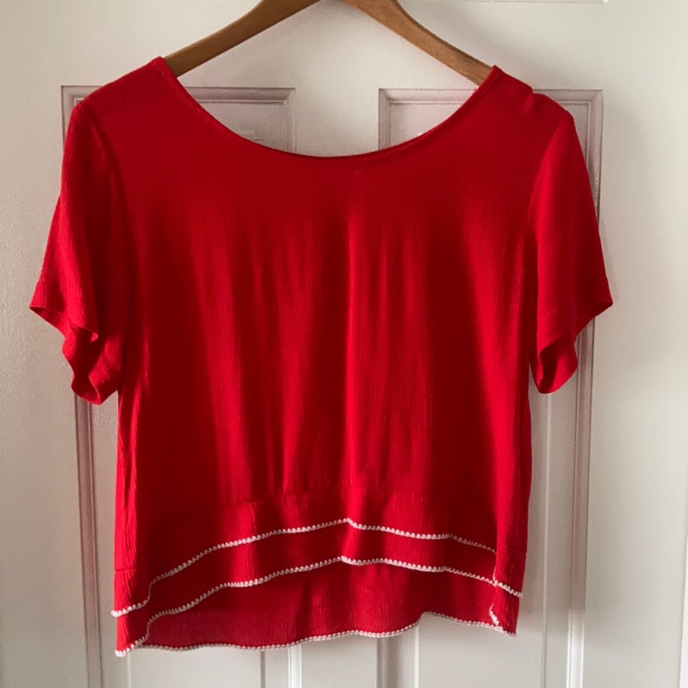 Francesca’s Red Embroidered Hem Short Sleeve Shirt